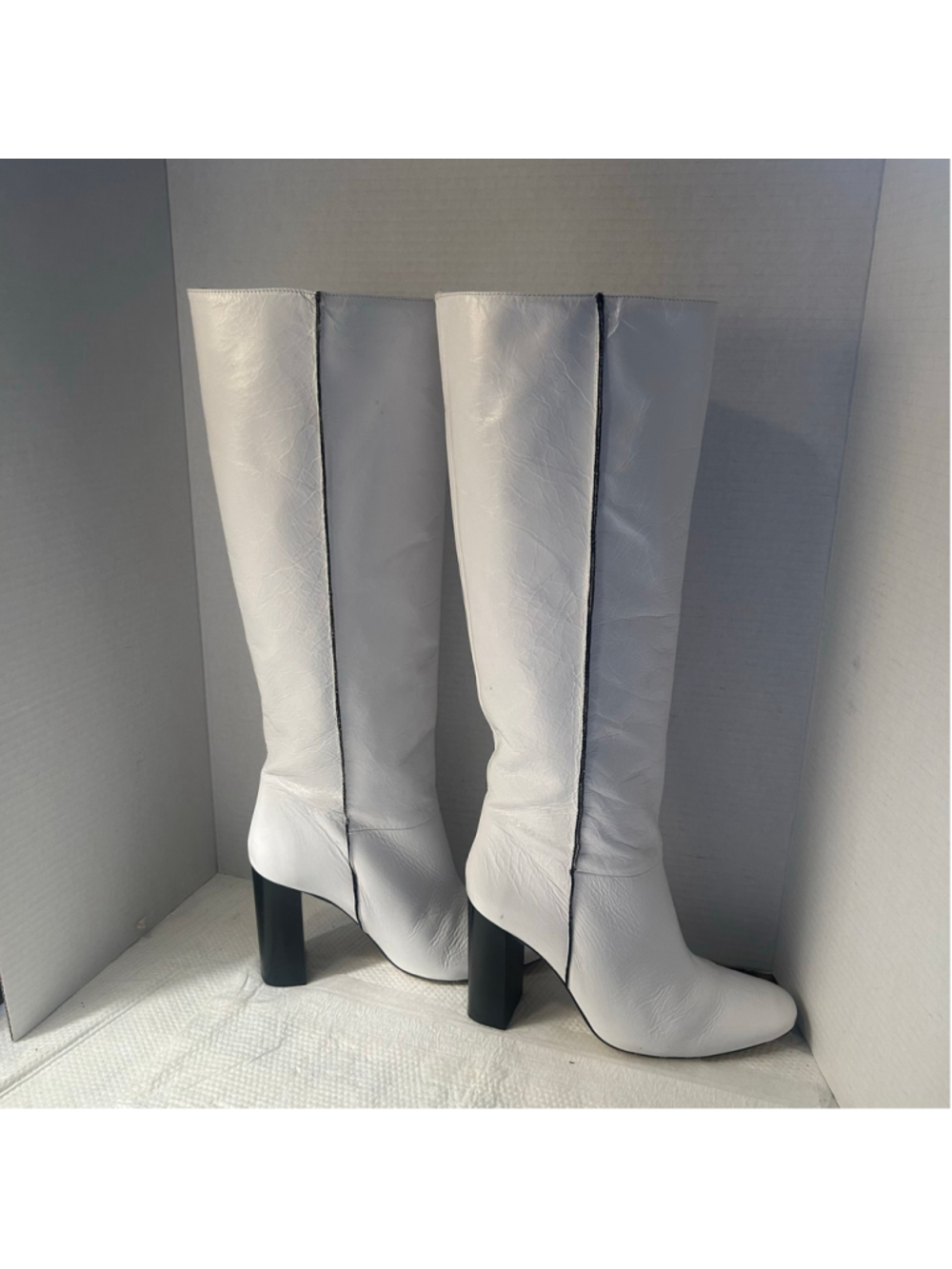 Women's Mango Go Go 60s Knee High Heeled Boots Leather Spain Pull On Retro 8.5M
